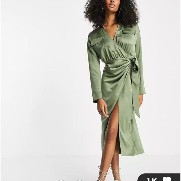 ASOS DESIGN satin collared wrap midi shirt dress in khaki 14 NWT in packaging - Picture 3 of 7